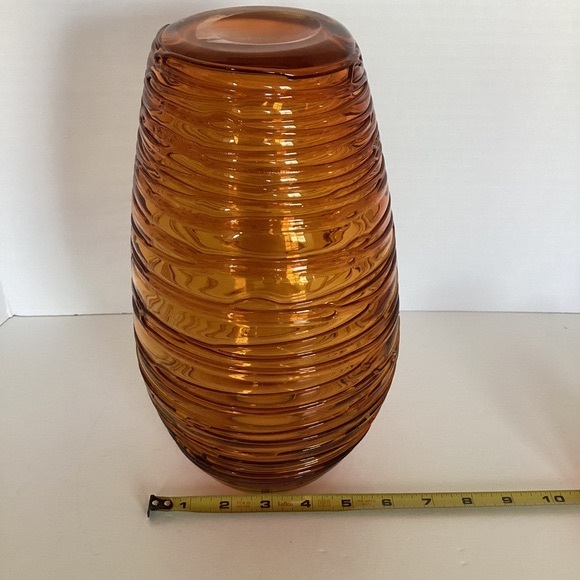 Eastern Beehive Art Glass Vase Honey Amber Hand Blown String Thread Overlay VTG - Picture 16 of 16